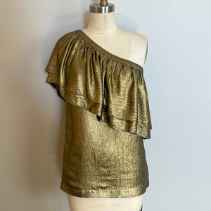 Tory Burch Gold Metallic One Shoulder Top Size 2